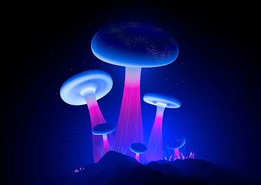 Glowing Neon Mushrooms in Dark Landscape