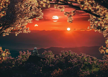 Astronaut in alien landscape with flowers