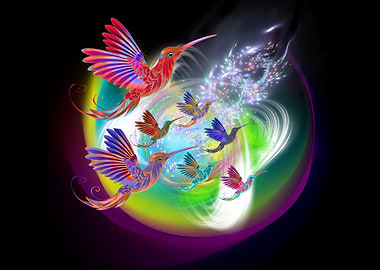 Whimsical Hummingbirds in Flight