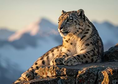 Snow Leopard Portrait in Mountain Landscape