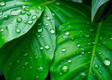 Green Leaves with Water Droplets