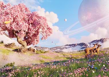 Surreal Landscape with Deer and Planet