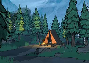 Stylized Forest Camp Scene in Blue Prince