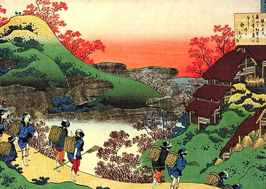 Katsushika Hokusai Japanese Landscape with Figures and Buildings