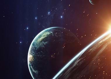 Planets in Space with Starburst Effect