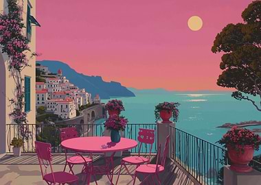 Coastal Terrace View with Pink Table