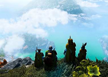 Fantasy adventurers overlooking a vast landscape