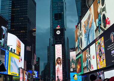 Times Square at dusk with billboards