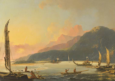 Tahitian Seascape with Boats and Figures