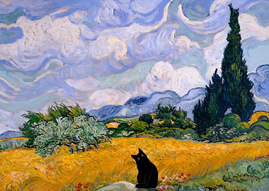 Black Cat in Van Gogh Landscape