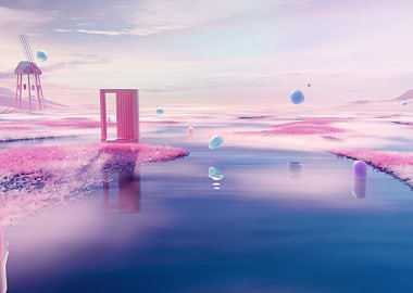 Surreal Pink Landscape with Door and Windmill