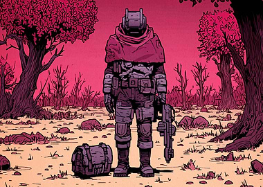 Sci-Fi Soldier in Alien Landscape