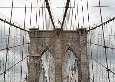Brooklyn Bridge View with American Flag