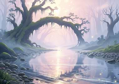Mystical Forest River Landscape Painting