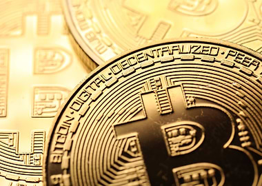 Golden Bitcoin Cryptocurrency Coins Close-Up