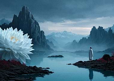 Lotus, Mountains, and Contemplative Figure