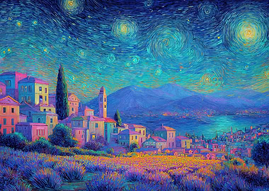 Starry Night Village Landscape