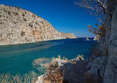 Coastal Inlet with Boat and Cliffs, Greek Island