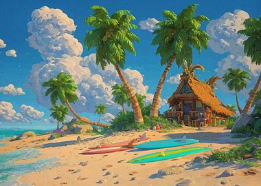 Tropical Beach Hut with Surfboards