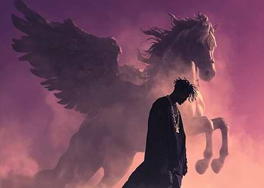 Man with Pegasus in Purple Sky