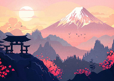 Mount Fuji Landscape with Torii Gate