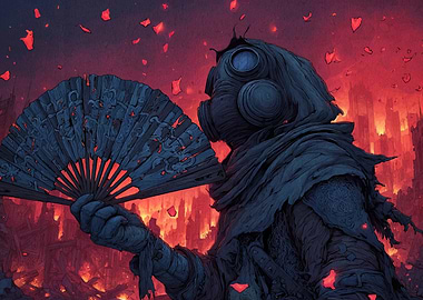 Gas Mask Figure with Fan in Inferno