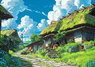 Rural Japanese Village Landscape Art