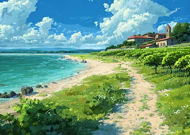 Coastal Vineyard Landscape Painting