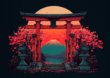 Japanese Torii Gate with Mount Fuji