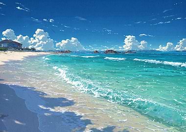 Turquoise Beach with White Clouds