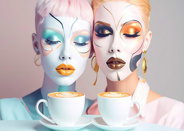 Artistic Portrait of Two women with coffee cups
