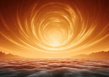 Abstract Orange Swirl Above Cloudy Landscape