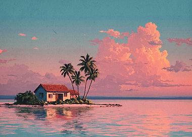 Tropical Island House at Sunset