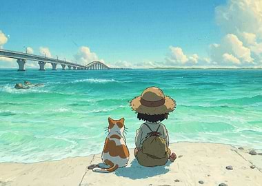 Girl and Cat by the Sea