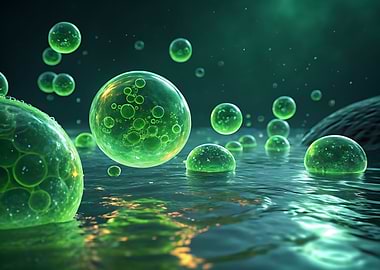 Green Bubbles on Water Surface