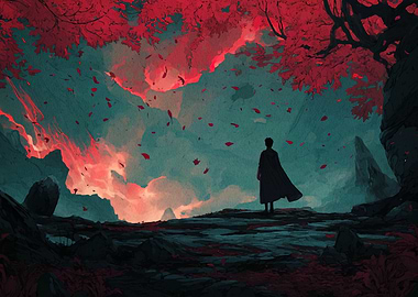 Contemplative Figure in Autumn Landscape