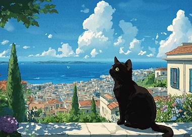 Black Cat Overlooking Coastal Cityscape