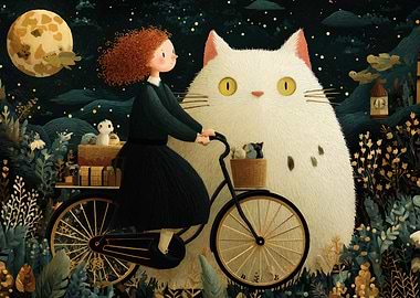 Girl, Bicycle, and Giant Cat