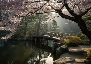 Japanese Garden with Cherry Blossoms