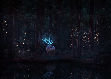 Glowing Deer in Dark Forest