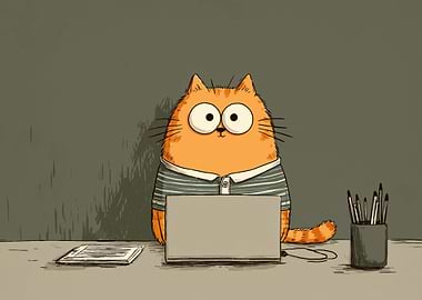 Cartoon Cat Working on Laptop