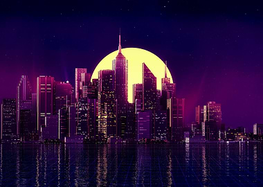 Synthwave Cityscape with Retro Sun