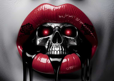 Skull in Lips with Dripping Black Liquid