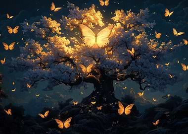 Glowing Butterflies Around a Blossoming Tree