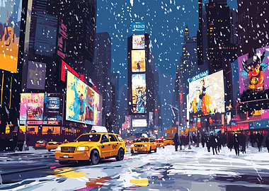 Snowy Times Square with Yellow Cabs