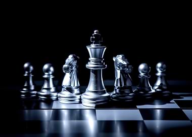 Silver Chess Pieces on Chessboard