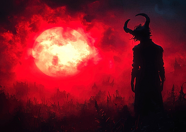 Silhouette of Horned Figure Under Red Moon