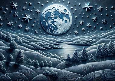 Moonlit Winter Landscape with Stars