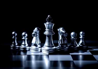 Silver Chess Pieces on Chessboard