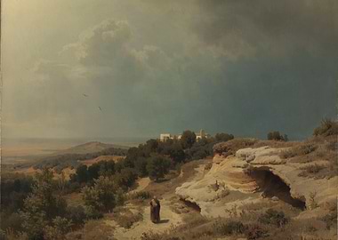 Monk in Landscape with Distant Town